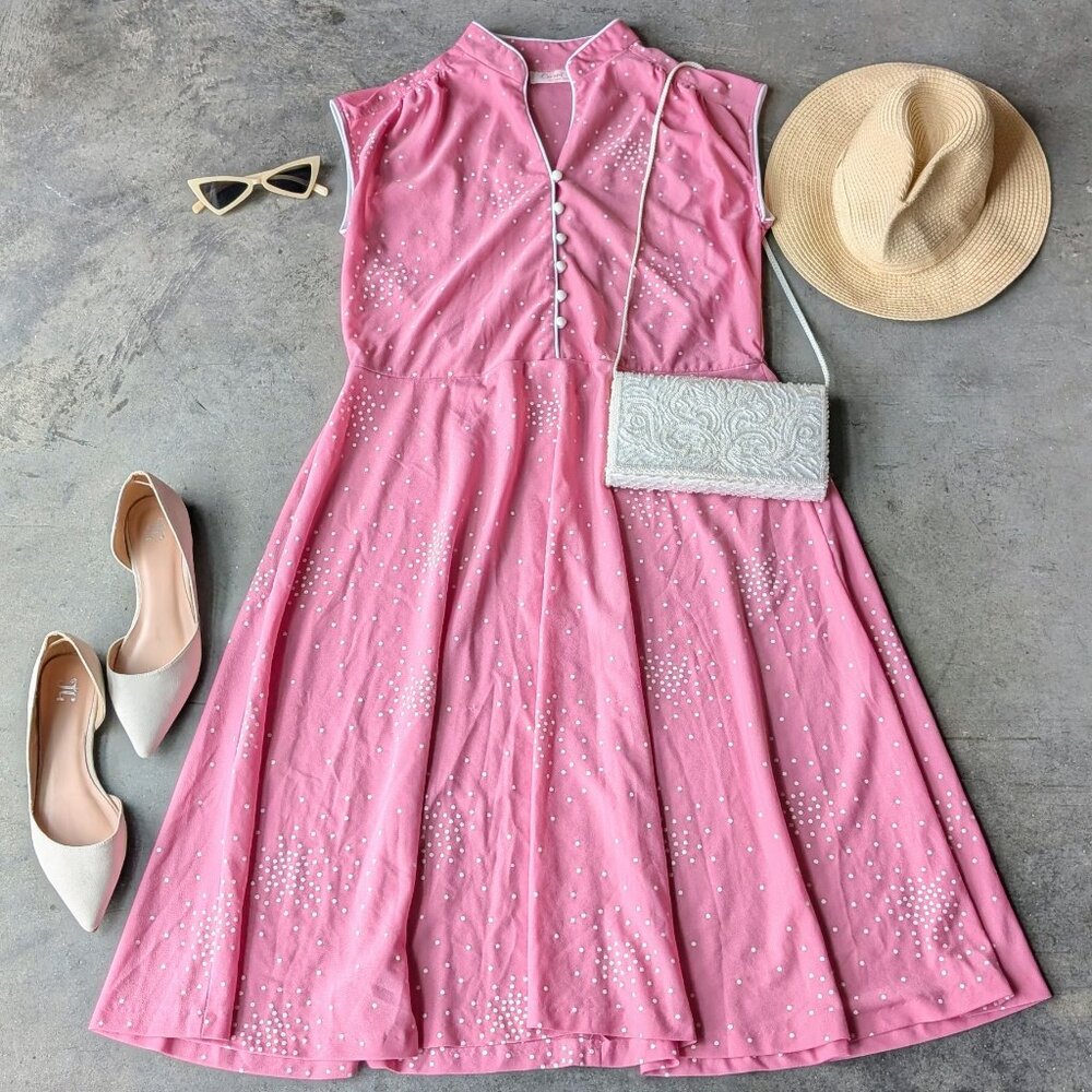 Vintage Retro 60s Pink Polka Dot Sleeveless Dress Union Made Mid Mod Party Dress